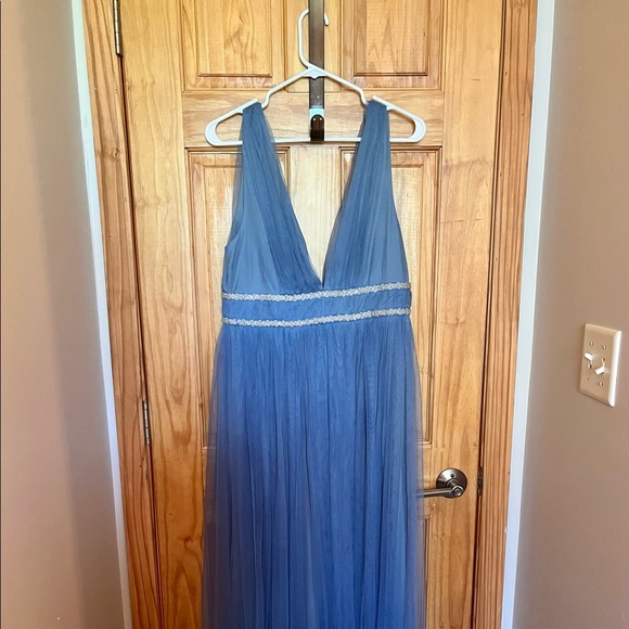 V Neck and Back Slate Blue Beaded Tulle Dress - Picture 4 of 5
